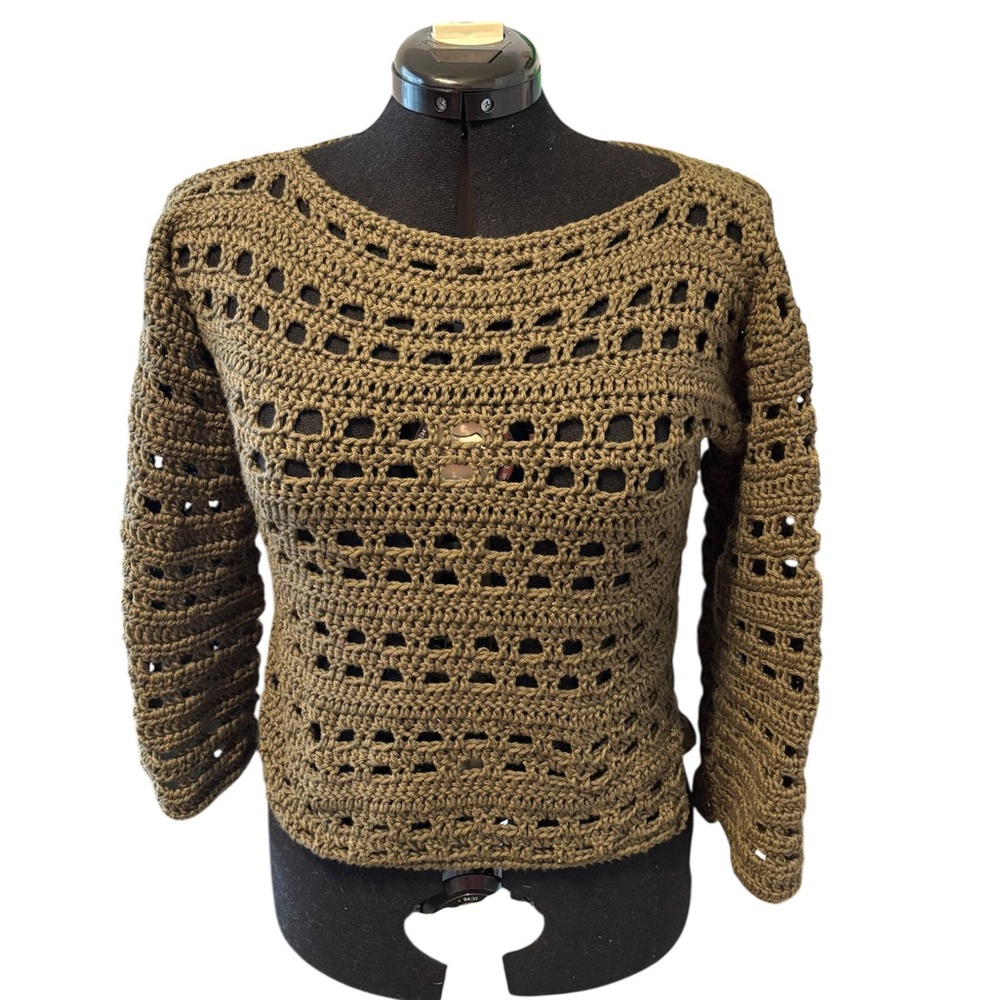 Brown Crew Neck Sweater with Intricate Openwork